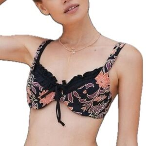Anthropologie Floral Ruffle Bikini Bra Top Size XL Black Underwire Non-padded